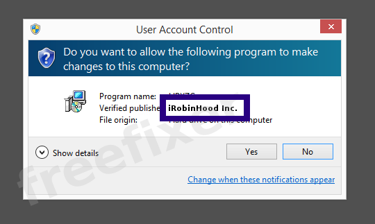 Screenshot where iRobinHood Inc. appears as the verified publisher in the UAC dialog